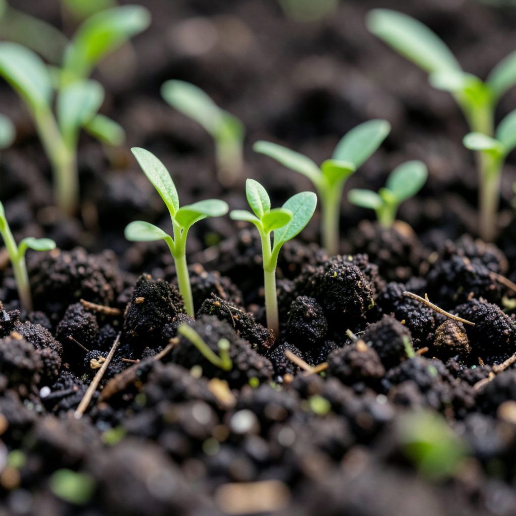 An extreme close-up photograph of moist dark garden soil with tiny green seedling shoots pushing through crumbly earth, in shades of deep peat brown and fresh leaf green, calm and renewing.