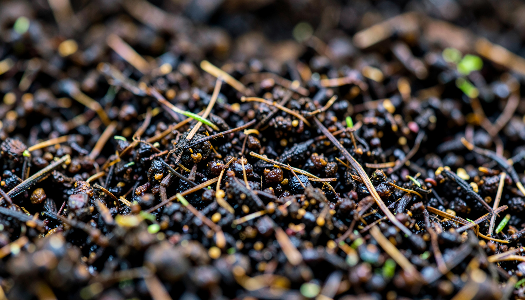 Extreme close-up of moist dark compost texture with fine granules and tiny fibrous strands, rich chocolate-brown tones