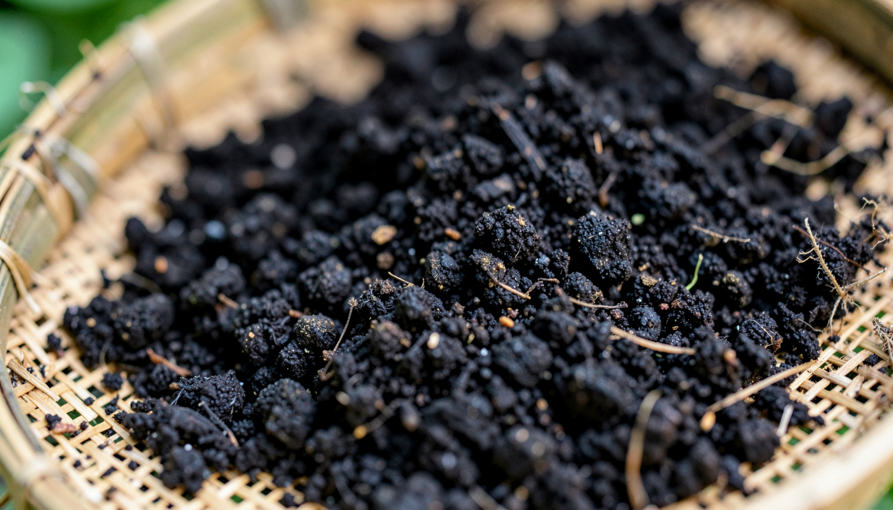 A close-up photograph of dark, crumbly compost spread across a woven bamboo sieve, with coarse fibrous remnants visible in deep espresso brown and weathered tan tones, earthy and tactile.